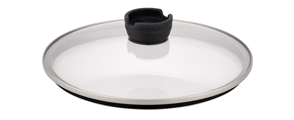 ELO Glasdeckel mit Edelstahl-/Silikonrand und Silikonknopf mit Löffelablage ELO Glasdeckel mit Edelstahl-/Silikonrand und Silikonknopf mit Löffelablage