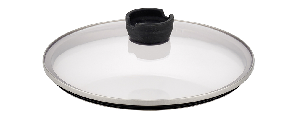 Glass lid with stainless-steel silicone rim and silicone knob with spoon tray